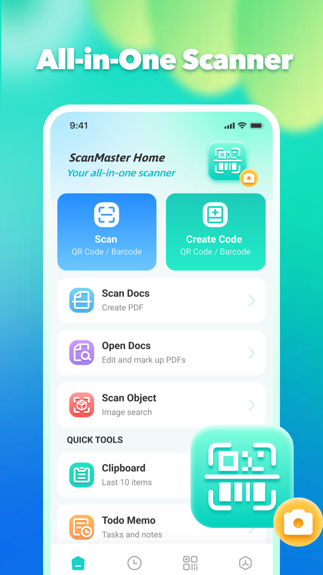 ScanMaster Home main screen with scan, create code, document, and quick tool options