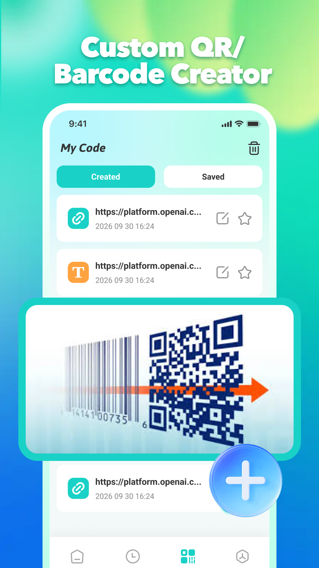 Custom QR and barcode creator screen